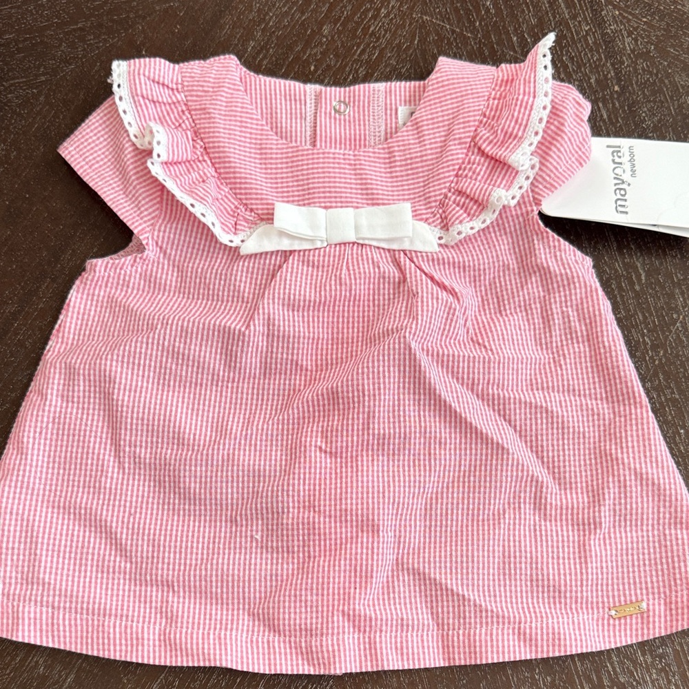 Mayoral Pink and White Seersucker Baby Dress with Ruffles